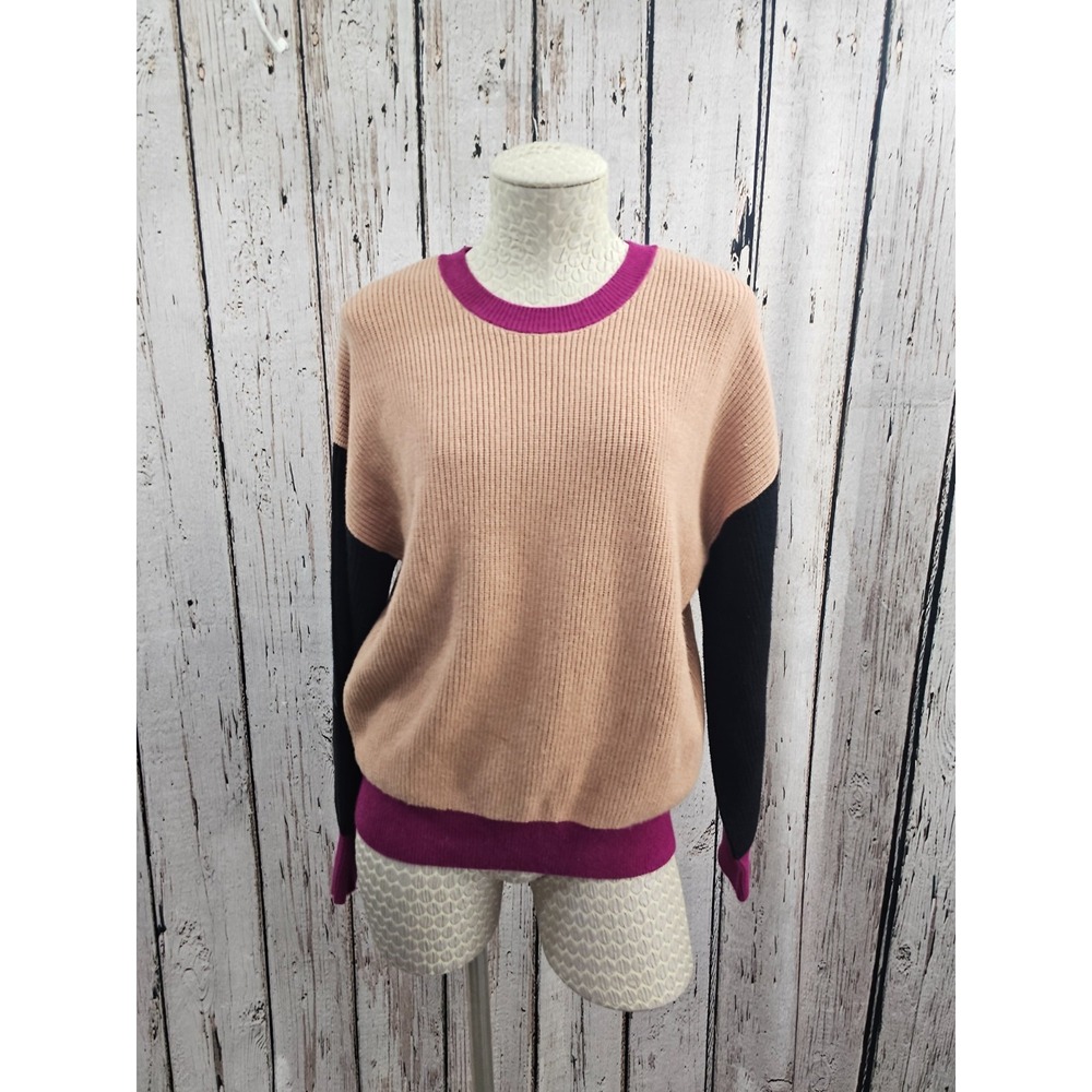 New nwt EXPRESS Color Block Relaxed Sweater Magenta Black Tan Rayon Knit S Retro